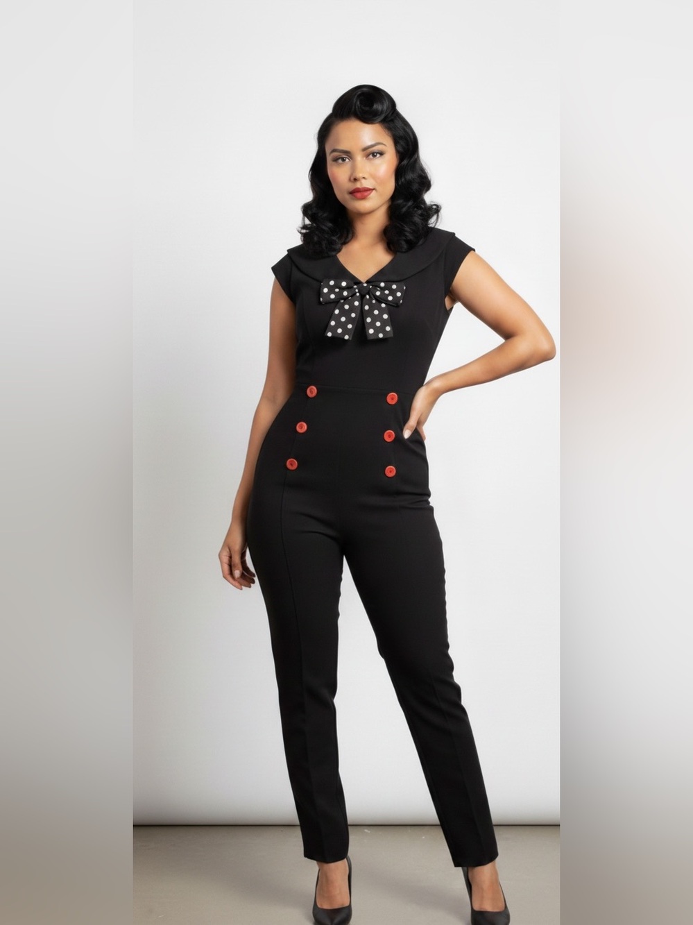 Black High-Waist Sailor Jumpsuit with Red Button Accents, Size 2XL, NWT